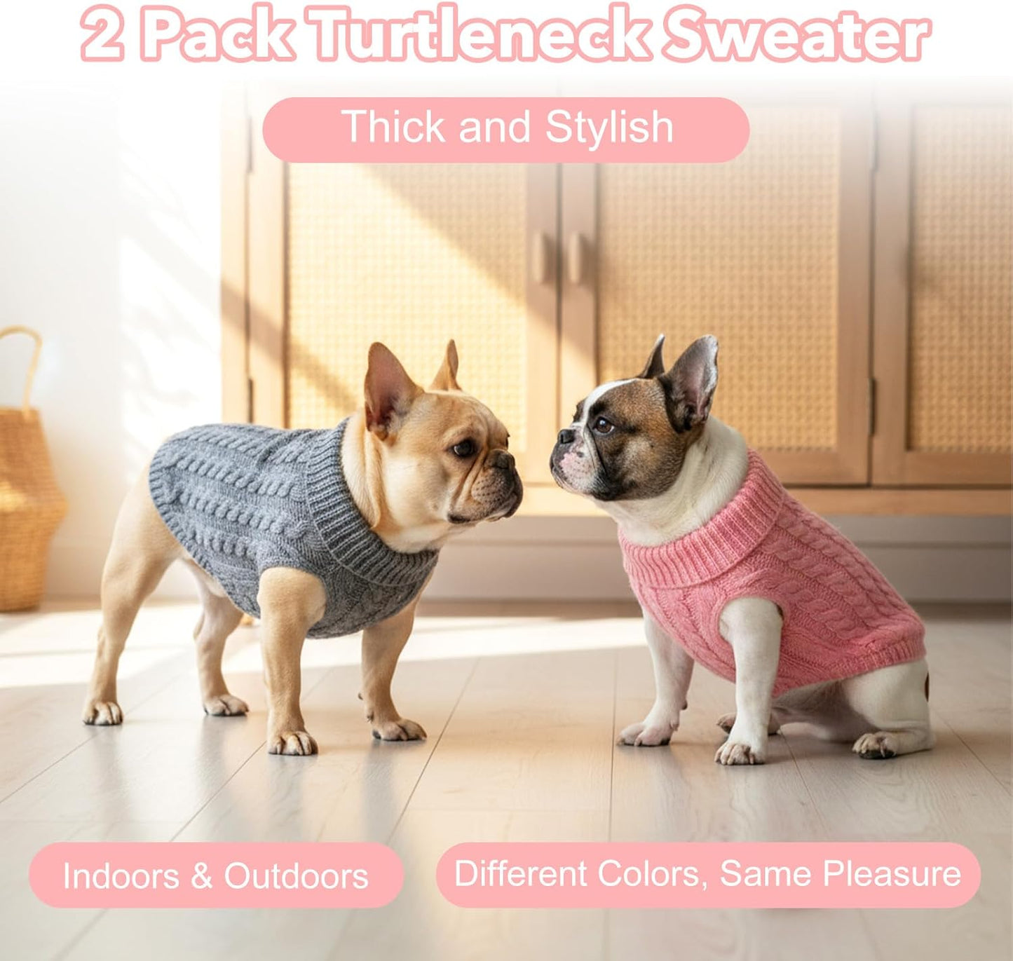 2 Pack Dog Sweaters for Medium Dogs, Soft Knitted Puppy Sweater Pet Warm Clothes in Winter Cold Weather Pullover Design Medium Dog Sweater for Boy Girl Dogs Cats (Grey, Pink)