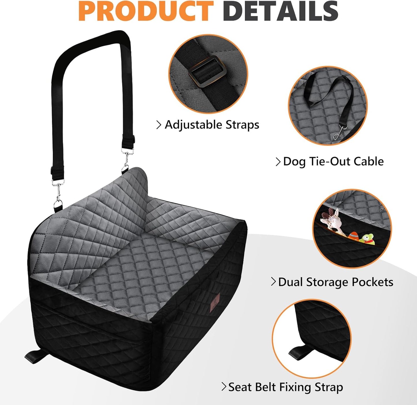 Dog Car Seat for Medium Dogs up to 55 lbs or 2 Small Dogs, Booster Car Seat with 4" Egg-Crate Foam, Detachable & Washable Cover (Black/Grey)