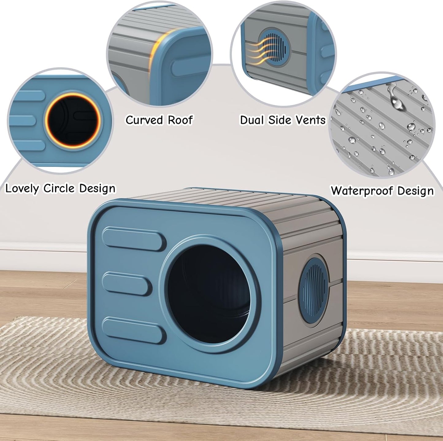 Outdoor Cat House, Outside Cat Shelter with Bed Mat for Feral Cat, Plastic Pet House for Indoor and Outdoor Use, Weatherproof, Blue