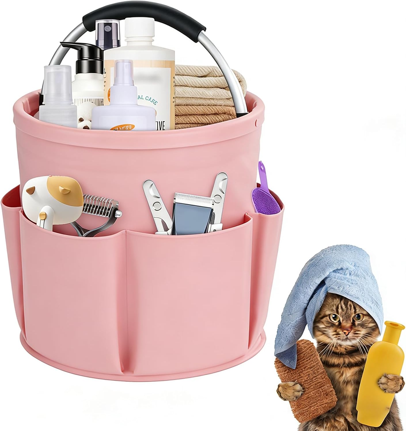 Felt Pet Dog Grooming Bag, Small Pet Grooming Tote Bag, 6-pocket Dog Grooming Supplies Organiser, Travel Outdoor Hold for Clippers Nail Grinder, Cleaning Brush, Trimmer, Nozzle, Pink