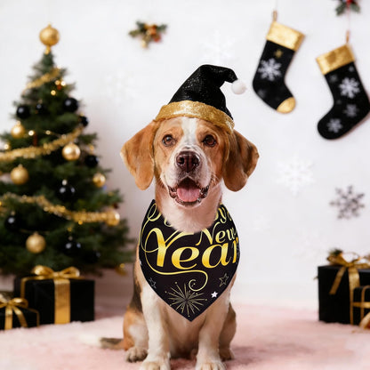 New Years Dog Bandana 2PCS, Happy New Year Dog Bandana for Boys and Girls, Adjustable Pet Neckerchief for Pet Gifts