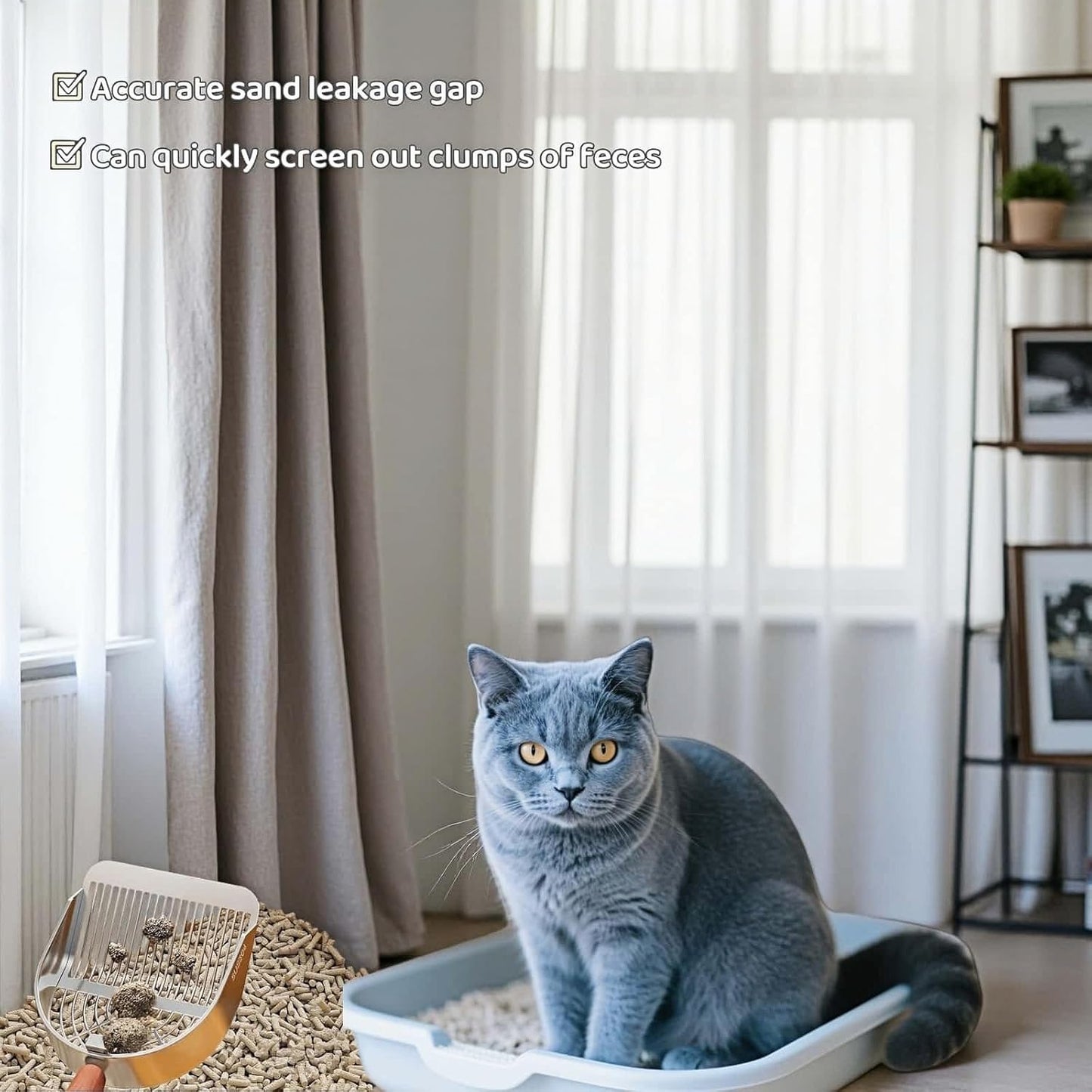 Premium Stainless Steel Cat Litter Scoop-Triple Guard Walls&Non-Stick Design,Silver,Flat Shovel Head Design Solid Deep Edge Wood Handle,Dual Hooks 1Pack,6.1x5.3inch (Silver long strip) (Silver)