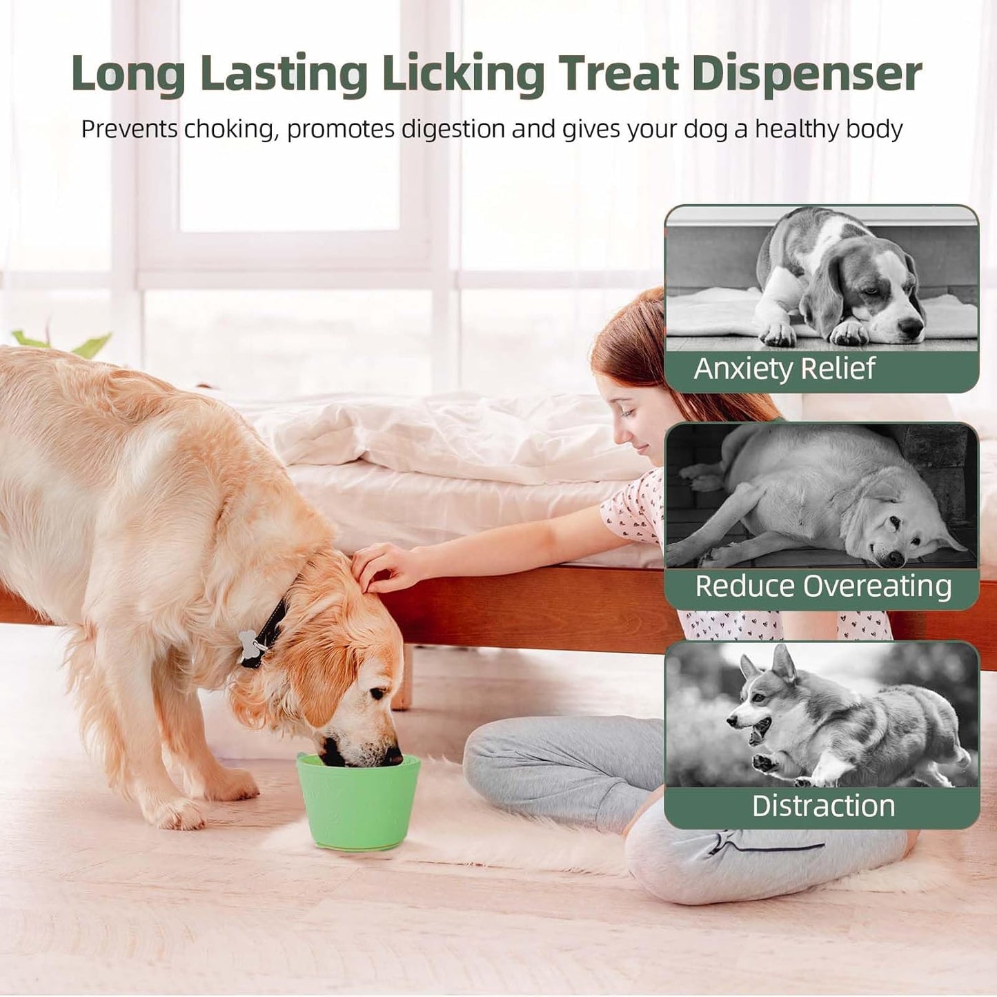 Dog Slow Feeder Lick Bowl, Non-Slip Dog Licking Treat Dispenser, Slow Feeder Bowls for Small Medium Large Breed Dogs, Anxiety Relief & Anti-Choking, BPA Free Silicone (Green, 1.6 Cup)