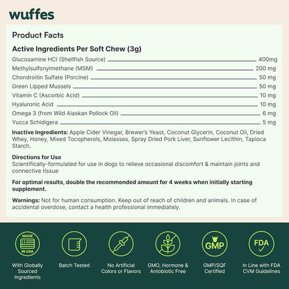 Wuffes Advanced Dog Hip and Joint Supplement with Glucosamine, Chondroitin, Omega 3, MSM, and Green Lipped Mussel, 60 Pork Flavored Chews for Small and Medium Dog Breeds