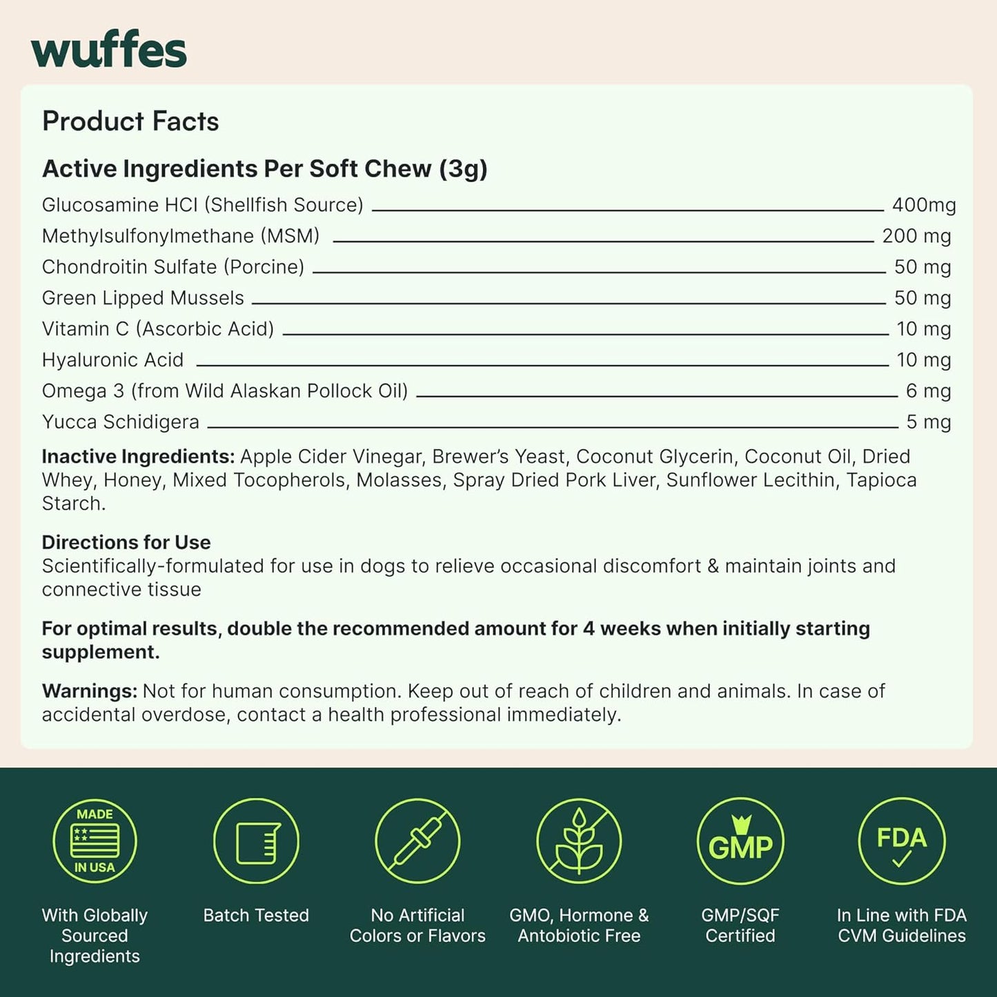 Wuffes Advanced Dog Hip and Joint Supplement with Glucosamine, Chondroitin, Omega 3, MSM, and Green Lipped Mussel, 60 Pork Flavored Chews for Small and Medium Dog Breeds