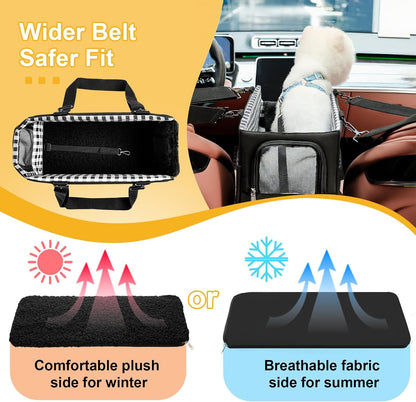 Console Dog Car Seat for Small Dogs Cats Up to 15lbs, Anti-Collapse Pet Armrest Booster Seat with Soft Pillow,Non-Slip Seat Rails Hooks & Safety Belt, Portable Car Accessories for Pets Travel