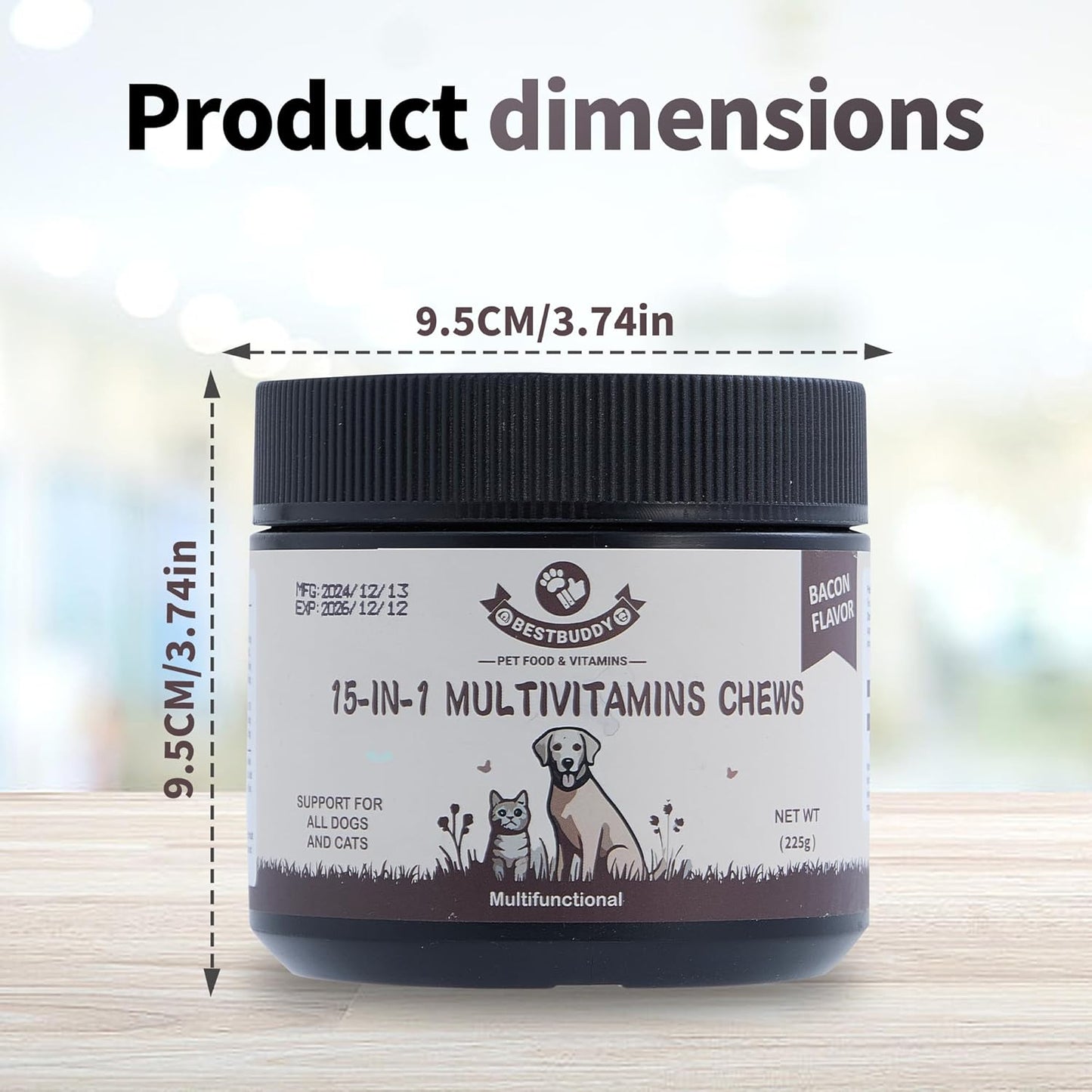 Best Buddy Multivitamin 15-in-1 Treats for Dogs I Cats, Complete Health Supplement Joint Support + Digestive Enzymes, Grain Free Dog Vitamins and Supplements for Skin & Coat (Bacon/Pork, 225g)