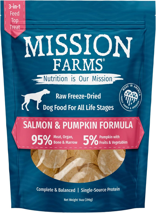 Mission Farms Wild Caught Salmon & Pumpkin Freeze-Dried Raw Dog Food Formula Complete & Balanced Meal for All Ages, 14 oz
