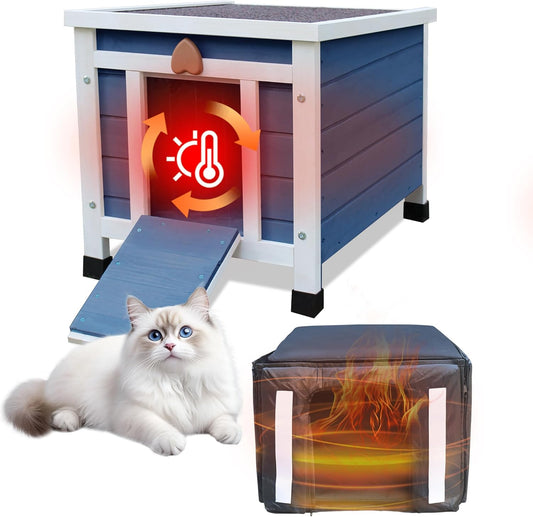 Rockever Outdoor Cat House, Insulated Outdoor Cat House with Warm Liner for Winter, Weatherproof Rabbit Hutch Bunny Cage, Wooden Outside Shelter for Feral Cats, Rabbits-Blue