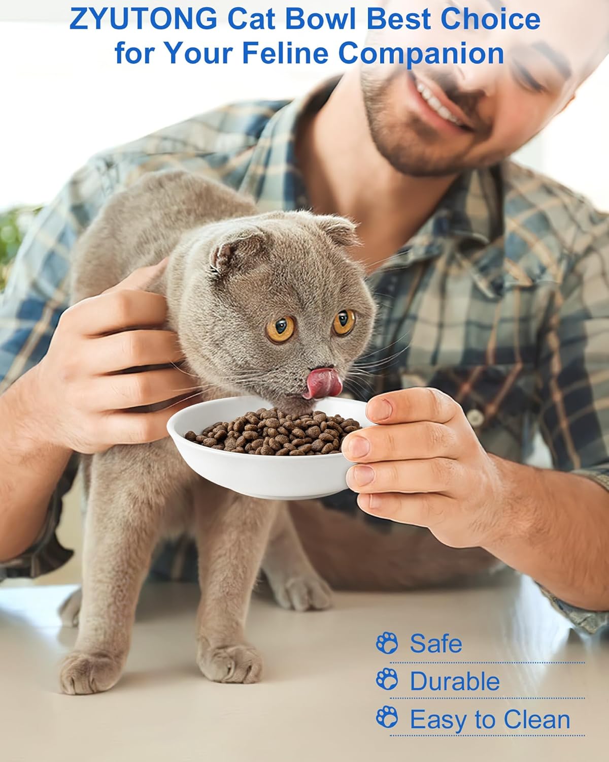 Ceramic Cat Food Bowl, Whisker Fatigue Cat Dishes for Food, Cute Ceramic Cats Bowl for Indoor Cats, 5.5" Flat Kitten Plates for Wet Food, Shallow Kitten Bowls Whisker Friendly