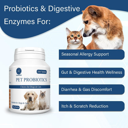 Probiotics for Dogs and Cats, 200 Tablets Pet Multi-Probiotic Supplements, Promotes Digestion and Nutrient Absorption (200 Count)