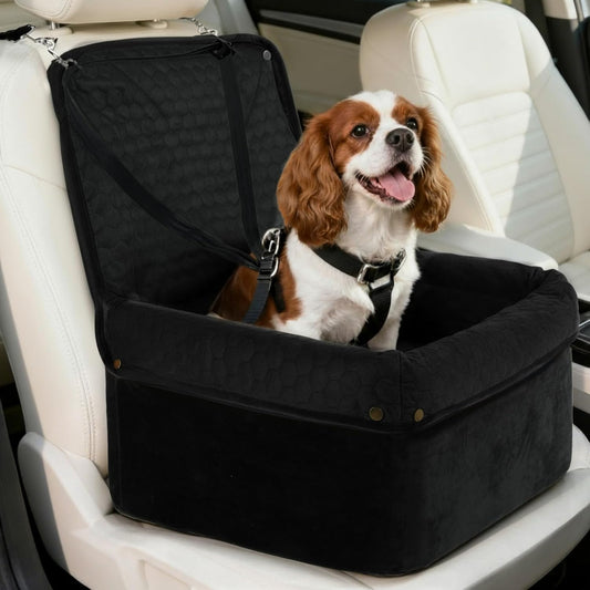 Dog Car Seat for Small Medium Dogs, Travel Pet Car Bed with Removable Waterproof Cover, Memory Foam Dog Booster Seats Up to 35 lbs, Safety Belt and Storage Pocket(Black)