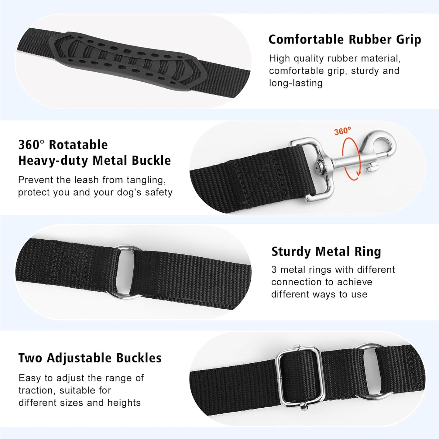 Hands Free Dog Leash, 8.5ft Versatile Crossbody Waist with 3 Rings for Puppy, Small & Medium Dogs, Easy Adjust for Running Jogging Walking, Sponge Handle, Black