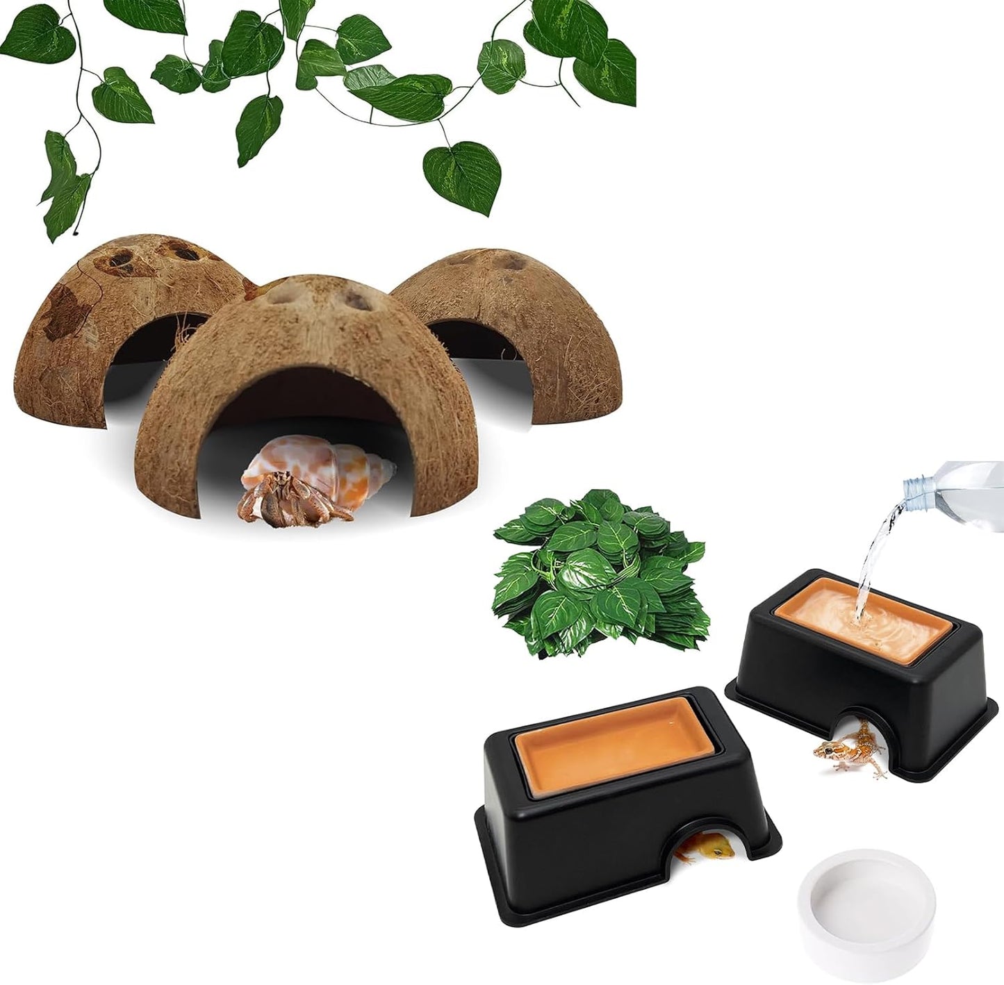 Hamiledyi Reptile Hideouts Natural Coconut Shells Hut Hermit Crab Climbing Toys and 4 Pcs Humid Hide for Leopard Gecko Moist Reptile Hide Box for Spider Snake Chameleon