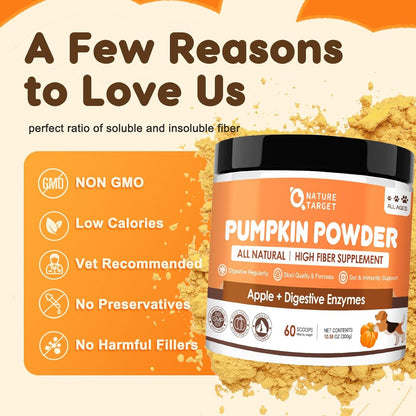 NATURE TARGET Pumpkin for Dogs, All Natural Fiber for Dogs, with Digestive Enzymes, Apple, Healthy Stool and Dog Digestive Support, Diarrhea, Constipation Relief, Pumpkin Powder for Dog to Make Puree