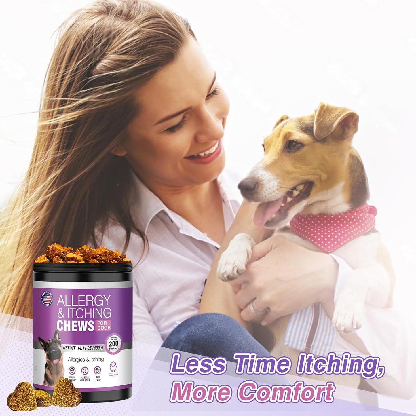 Dog Allergy Chews 200ct - Dog Allergy and Itching Skin Relief Anti Itch Aller Immune Bites for Dogs Licking Paws Treatment Relief Itchy Chew Probiotics Vitamins for Skin and Coat Allergies - Lamb