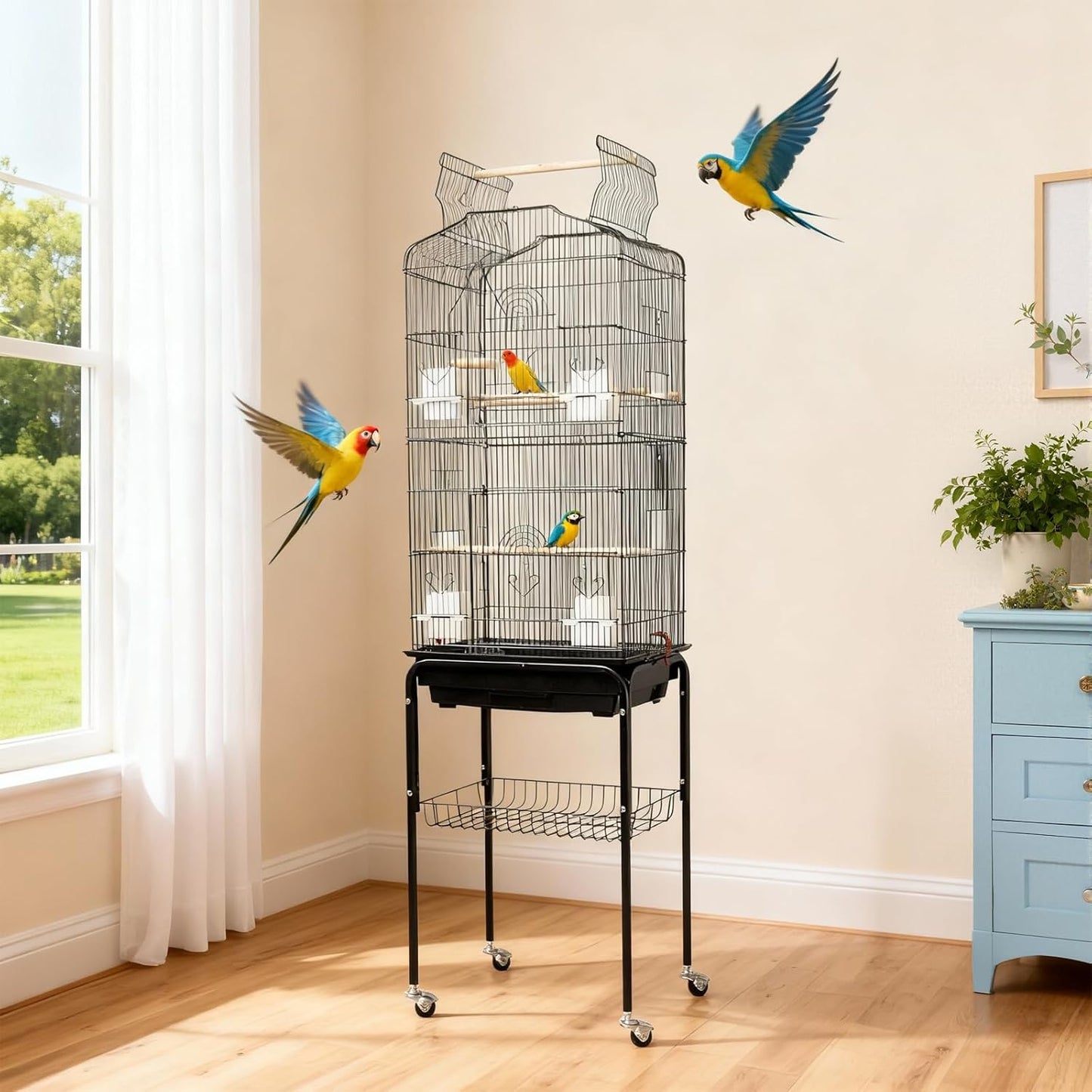 Large Wrought Iron Bird Cage with Open Play Top – 65.5 Inch Flight Cage for Parrots, Conures, Cockatiels, Lovebirds, Parakeets, Budgies – Heavy-Duty Detachable Rolling Stand & Storage Shelf – Black