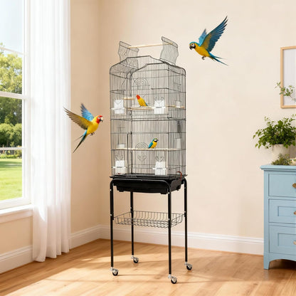 Large Wrought Iron Bird Cage with Open Play Top – 65.5 Inch Flight Cage for Parrots, Conures, Cockatiels, Lovebirds, Parakeets, Budgies – Heavy-Duty Detachable Rolling Stand & Storage Shelf – Black