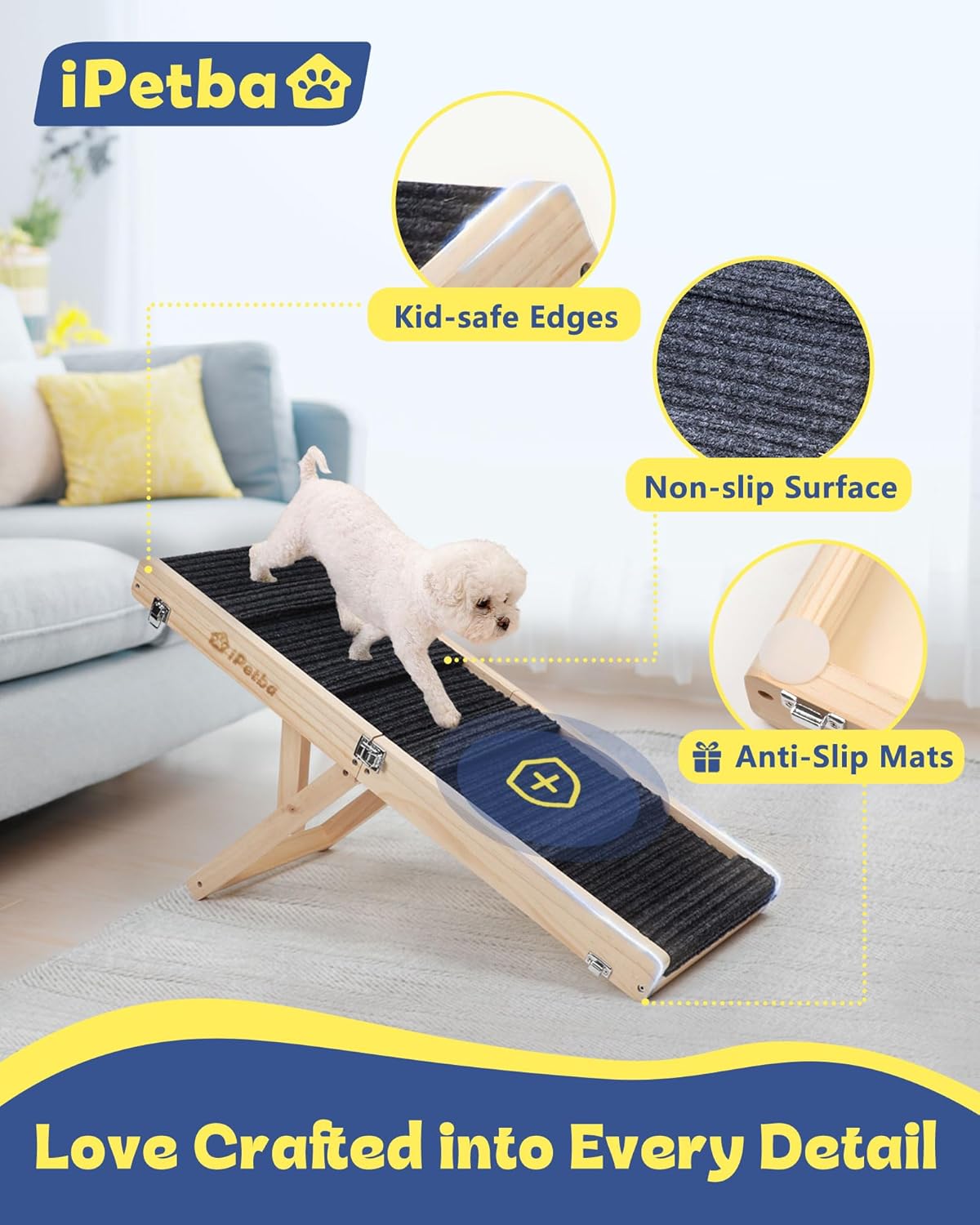 Dog Ramp for Bed & Couch for Small Dogs - Joint-Friendly, Anti-Slip, Folding, Adjustable, Portable, Up to 35 lbs