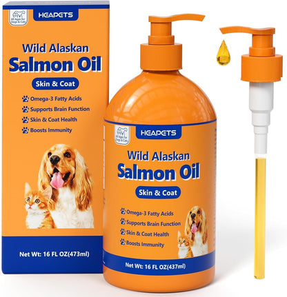 Wild Alaskan Salmon Oil for Dogs & Cats (16oz), Fish Oil Omega 3 Supplements with EPA & DHA for Skin & Coat, Immune, Brain, Joint and Heart Health, Dog & Cat Fish Oil Supplements with Pump