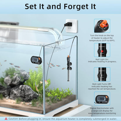 HiTauing Aquarium Heater 25W/50W/100W/200W/300W, Adjustable Knob Fish Tank Heater with Digital Thermometer, Submersible Betta/Turtle Tank Heater for Freshwater and Saltwater Tanks