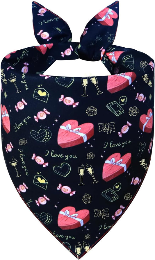 Valentine’s Day Dog Bandana - Reversible Black Red Hearts Candy Print Scarf for Medium to Large Dogs, Cute Costume Accessory for Valentine Gift