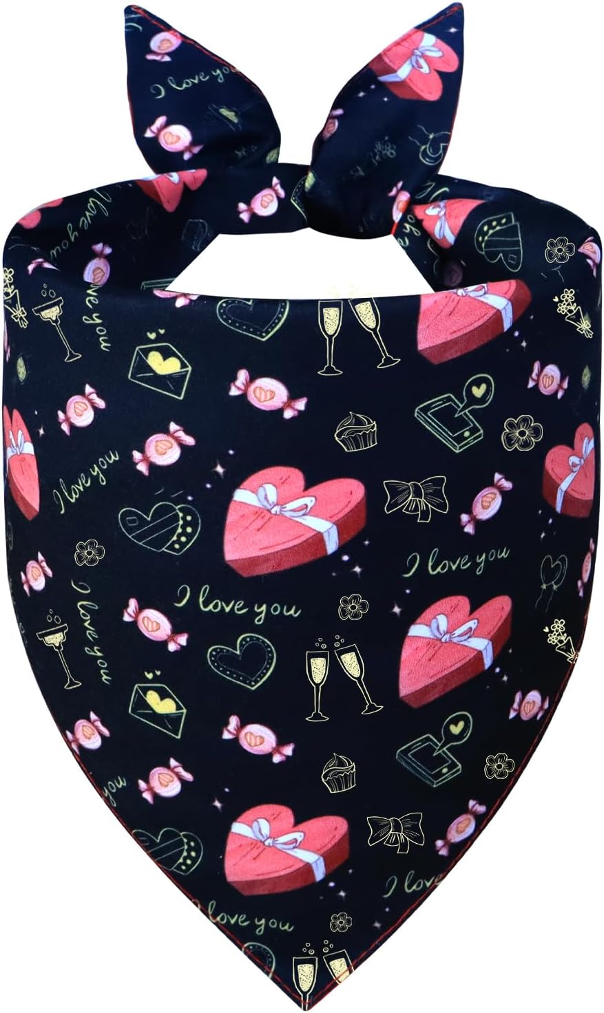 Valentine’s Day Dog Bandana - Reversible Black Red Hearts Candy Print Scarf for Medium to Large Dogs, Cute Costume Accessory for Valentine Gift