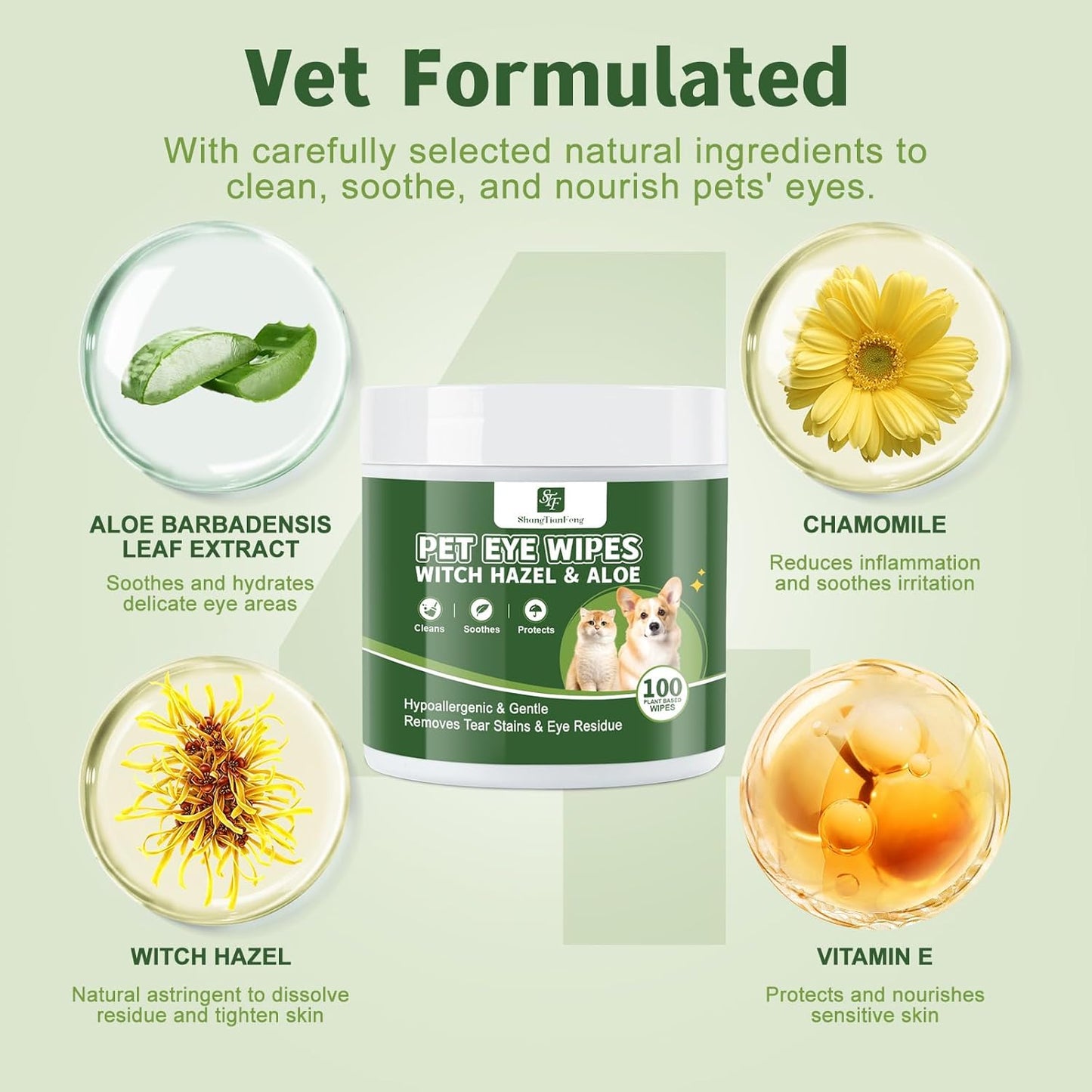 Dog Eye Wipes (100 Count) for Pet Cats -Fragrance-Free, Vet-Tested Formula for Sensitive Skin | Tear Stain Remover & Gentle Bath Alternative | Hypoallergenic & Enriched with Oatmeal