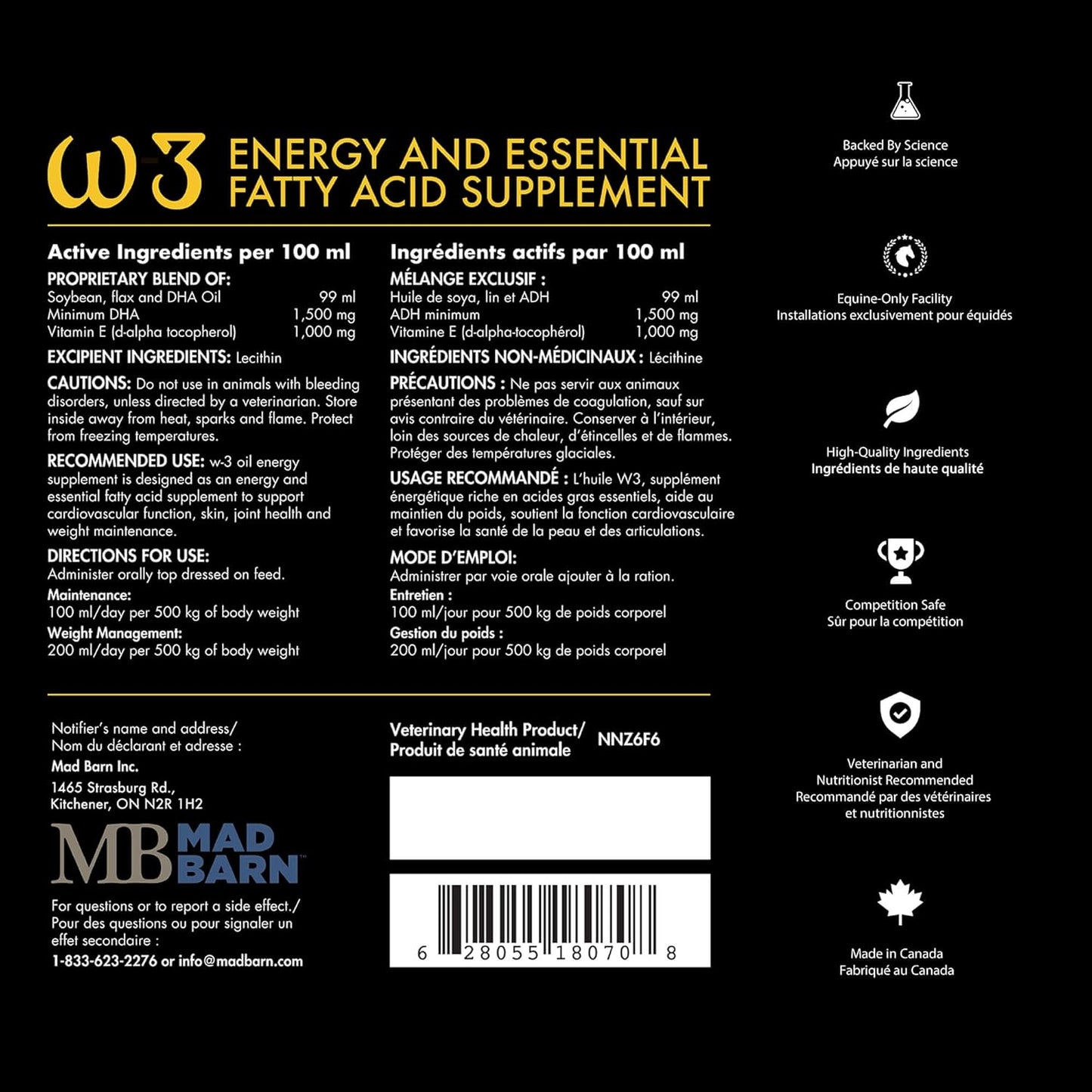Mad Barn - W-3 Oil 5 L with Omega-3 DHA & Natural Vitamin E | Fat Supplement for Horses | Supports Healthy Skin & Shiny Coat
