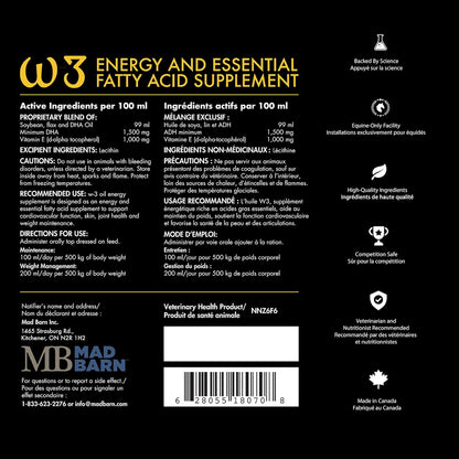 Mad Barn - W-3 Oil 5 L with Omega-3 DHA & Natural Vitamin E | Fat Supplement for Horses | Supports Healthy Skin & Shiny Coat