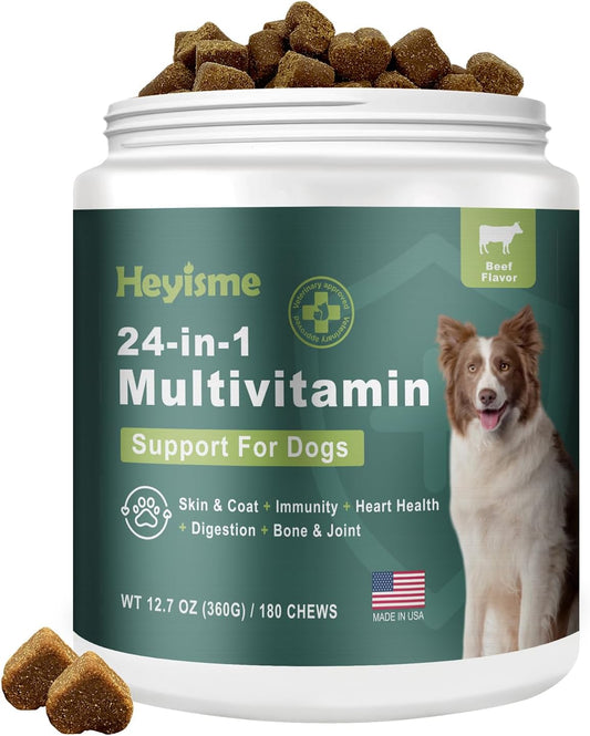 Dog Multivitamin, Glucosamine Chondroitin for Dogs, Dog Vitamins and Supplements, Probiotics, Krill Oil for Hip & Joints, Skin, Coat, Immune Health, Heart, Digestion (180 Chews, Beef)
