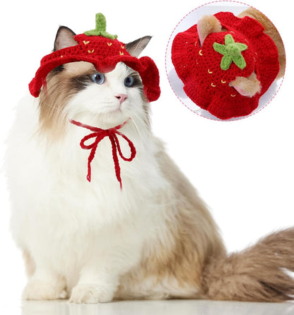 Strawberry Cat Hat, Cotton & Soft Cute Knitted Hats for Cats Birthday Party Christmas Puppy Hat for Small Pets (Red, M)