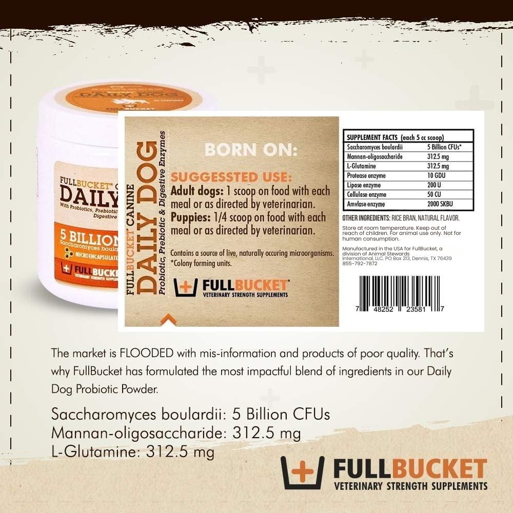 FullBucket Daily Dog Probiotic 30 Servings - Support Natural Digestion, Treat & Prevent Diarrhea - Probiotics, Prebiotics & Digestive Enzymes All in One Tasty Probiotic Powder for Dogs