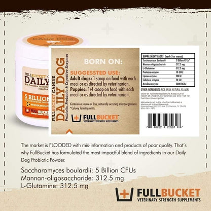 FullBucket Daily Dog Probiotic 30 Servings - Support Natural Digestion, Treat & Prevent Diarrhea - Probiotics, Prebiotics & Digestive Enzymes All in One Tasty Probiotic Powder for Dogs