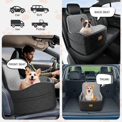 Dog Car Seat for Small/Medium Dogs Under 35lbs, Detachable & Washable Elevated Pet Travel Bed, 2 Storage Pockets & Safety Belt, Anti-Slip Base, Dog Booster Car Seat with Seamless Bottom Design