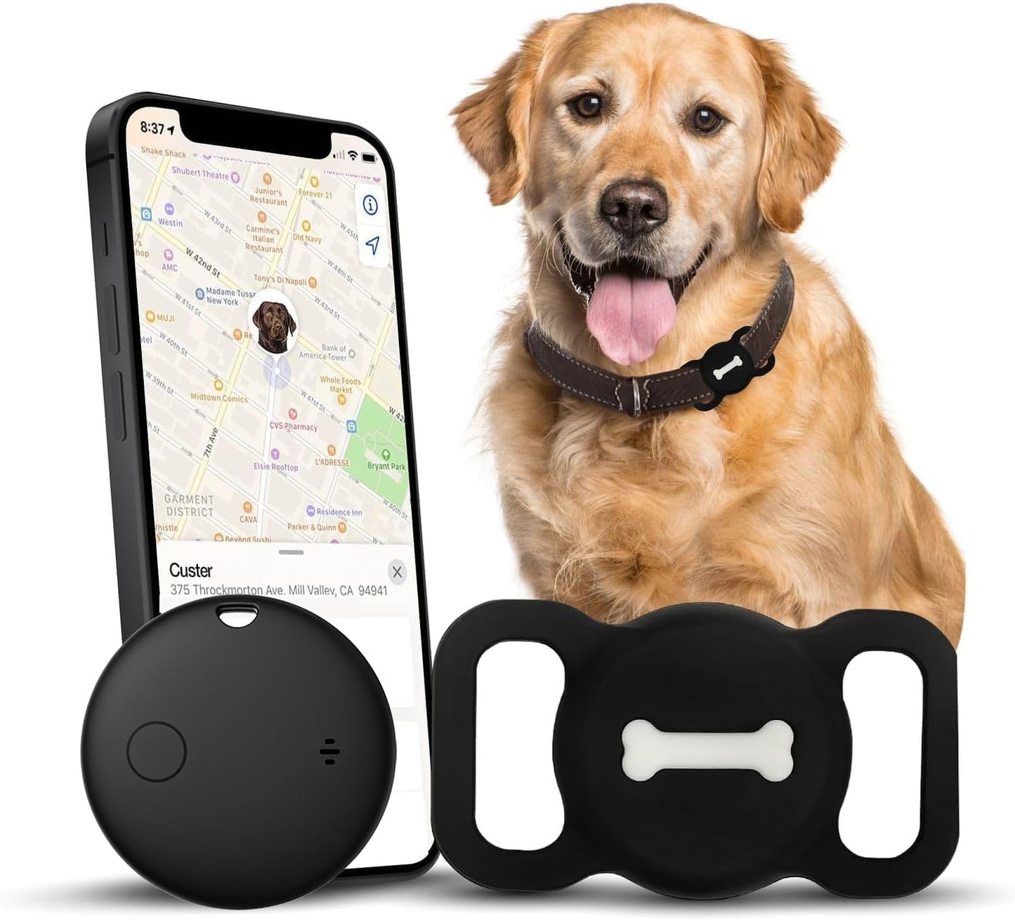 Smart Pet Tracker, Dog Tracker with Black Collar Holder, Smart Tag for Location Tracking, No Monthly Fee MFi Certificated, Work with Find My, GPS Tracker, iOS Only (Black)