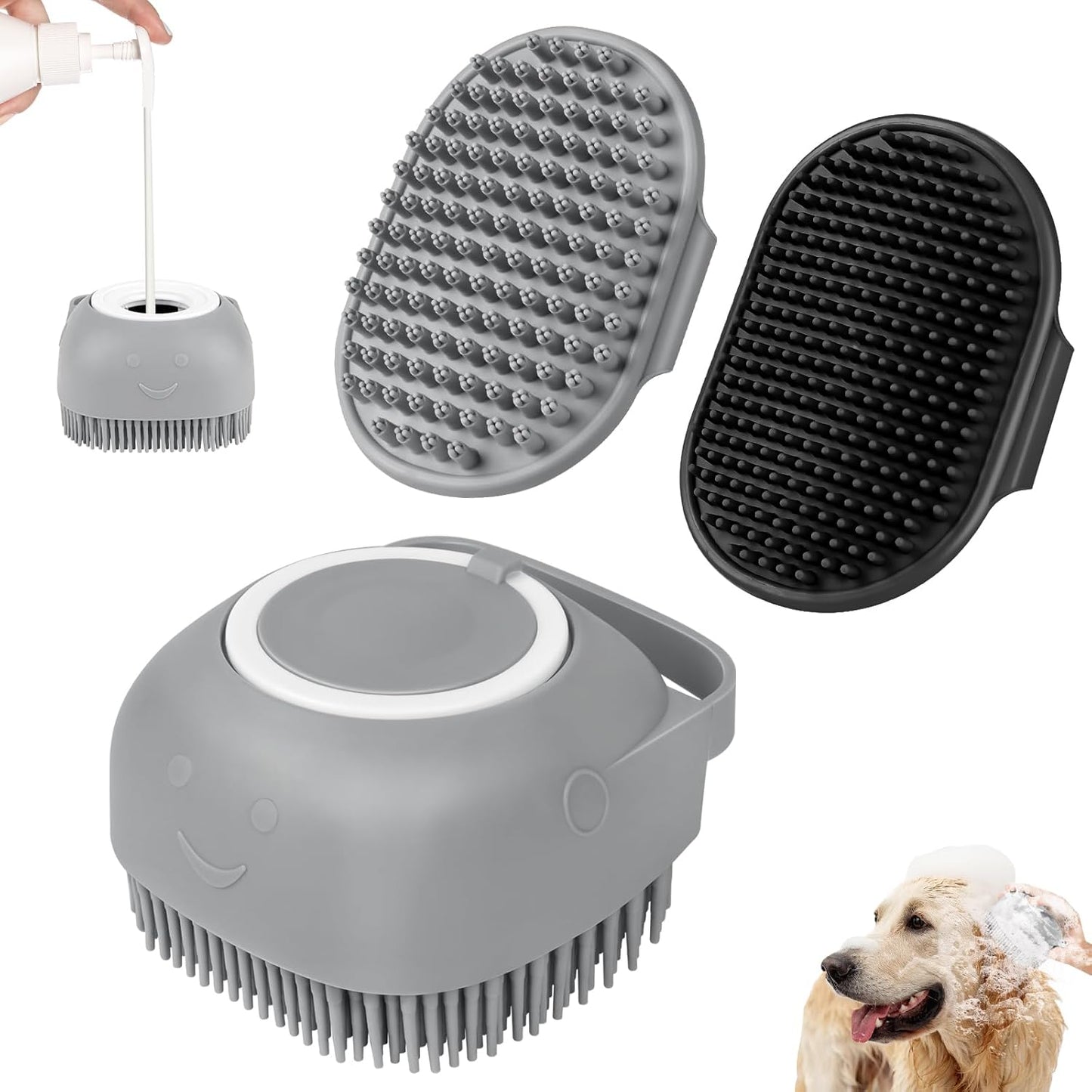 Comotech 6PCS Dog Bath Brush & Dog Toothbrush | Adjustable Handle Shampoo Brush & Scrubber for Short & Long Haired Dogs & Cats | Effectively Solve Odor & Stain Removal Problems (Gray Gray Black)