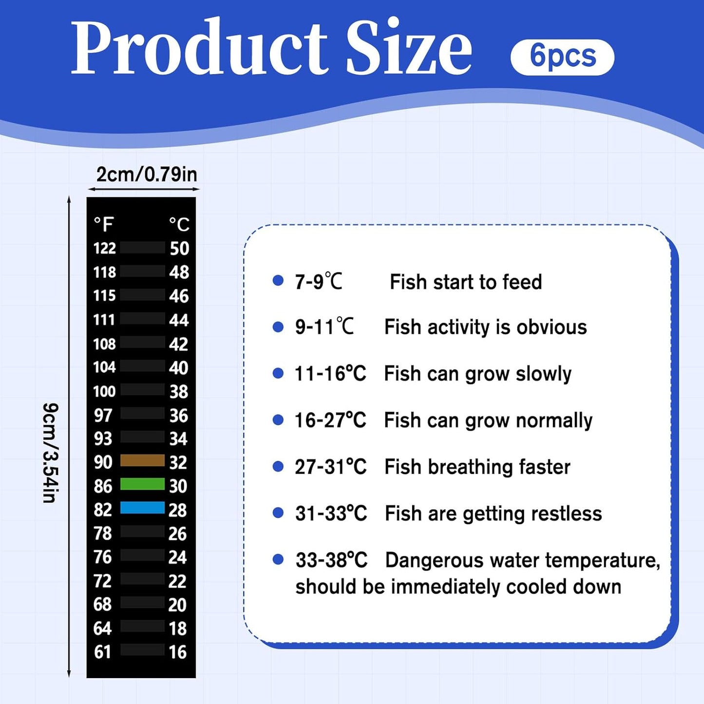 6PCS Temperature Sticker Strips Fish Tank Thermometer Aquarium Temperature Sticker, Easy-to-Read 61-122℉(16-50°C) Terrarium Adhesive Water Thermometer Test for Fish Tank Aquarium(3.54" x 0.79")