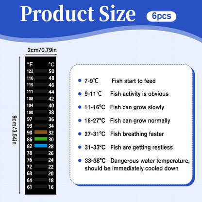 6PCS Temperature Sticker Strips Fish Tank Thermometer Aquarium Temperature Sticker, Easy-to-Read 61-122℉(16-50°C) Terrarium Adhesive Water Thermometer Test for Fish Tank Aquarium(3.54" x 0.79")