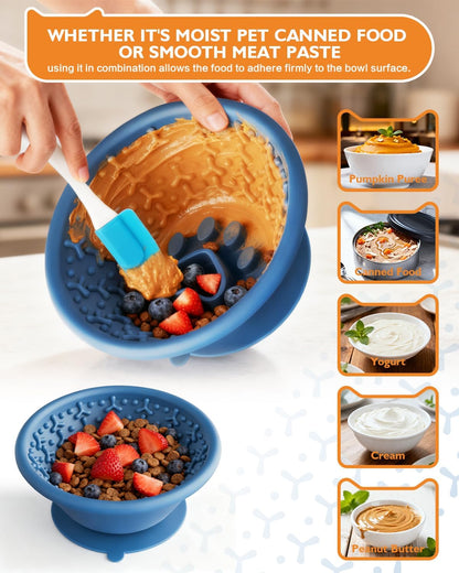 Dog Lick Bowl, Non-Slip Slow Feeder Licking Mat & Treat Dispenser (Wide Bowl Mouth w/Inlaid Stainless Steel Ring) - Interactive Toys, Anxiety Reducer, Freeze Bone for Dogs, BPA Free Silicone (Blue)