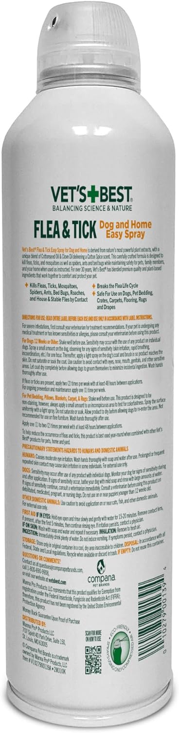 Vet's Best Natural Flea and Tick Easy Spray for Dogs – Cotton Spice Scent – Natural Flea & Tick Prevention – Kills Pests on Contact – Plant-Based Formula – Made in USA – 14 oz