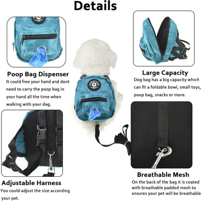 FLAdorepet Dog Backpack Harness with Leash, Dog Poop Bag Dispenser, Pet Self Carrier Adjustable Travel Hiking Walking Harness Backpack for Small Medium Dogs (L(Fit:10-15lb), Blue)