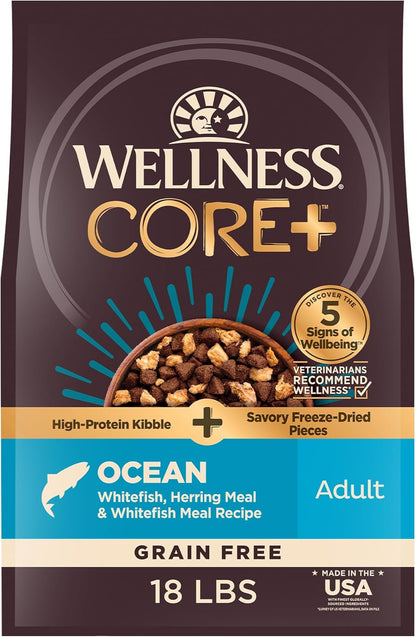 Wellness CORE+ Dry Dog Food with Freeze Dried Pieces, Grain Free, High Protein, Natural, Ocean Whitefish, Herring, & Salmon Recipe, (18-Pound Bag)