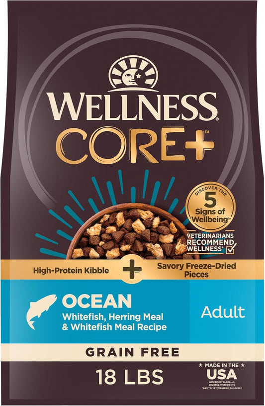 Wellness CORE+ Dry Dog Food with Freeze Dried Pieces, Grain Free, High Protein, Natural, Ocean Whitefish, Herring, & Salmon Recipe, (18-Pound Bag)
