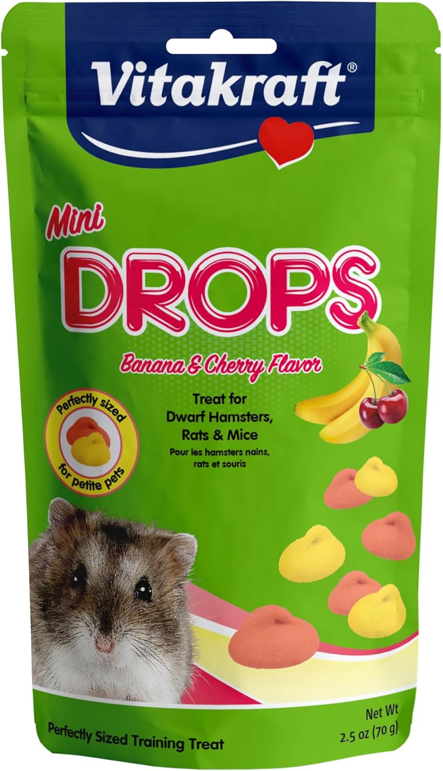 Vitakraft Mini Drops Cherry Banana Treats for Hamsters Rats Mice and Small Pets - Wholesome Small Animal Snacks with Real Fruit Flavor and Nutrient-Rich Goodness - 2.5 Ounce Pack