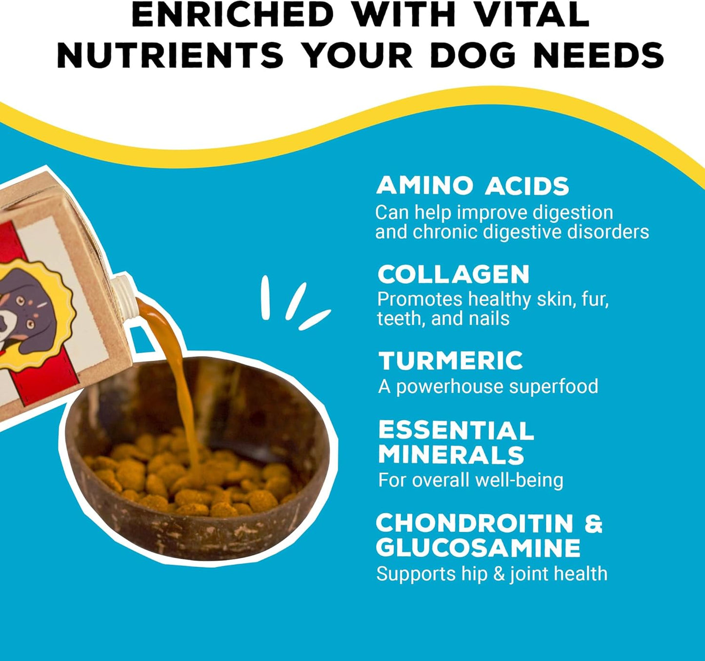 Brutus Beef Bone Broth for Dogs - All Natural Dog Bone Broth with Chondroitin Glucosamine & Turmeric -Human Grade Dog Food Toppers for Picky Eaters & Dry Food -Tasty & Nutritious