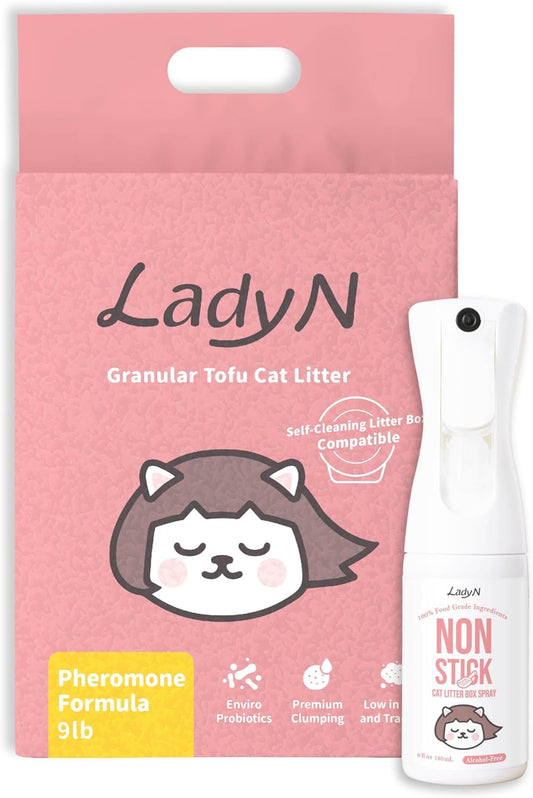 New Cat Home Set – Attractant Granular Tofu Cat Litter 9lb (Mini-Pellet) & Non-Stick Spray for Automatic Boxes | Strong Clumping, Low Dust, Easy Cleanup