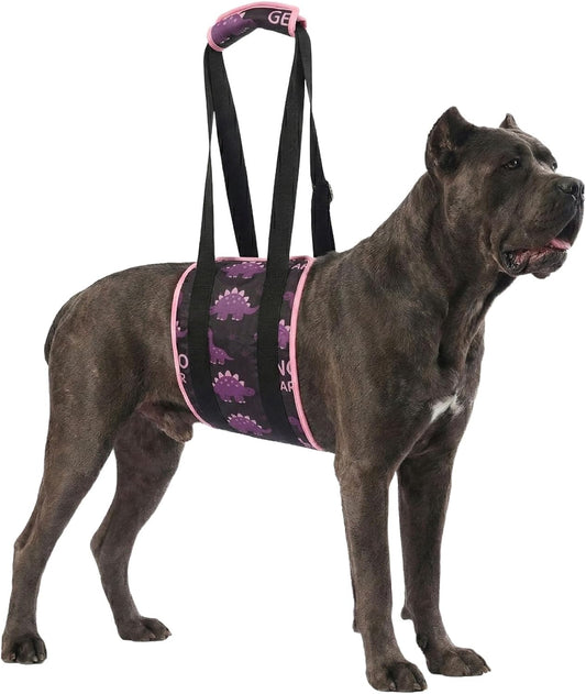LovinPet Adjustable Dog Lift Harness for Medium & Large Breeds, 3-Layer Rear Support Sling with Padded Handles, Quiet Hook-and-Loop, Easy-On for Senior & Injured Pets – Dinosaur Print, Black Pink