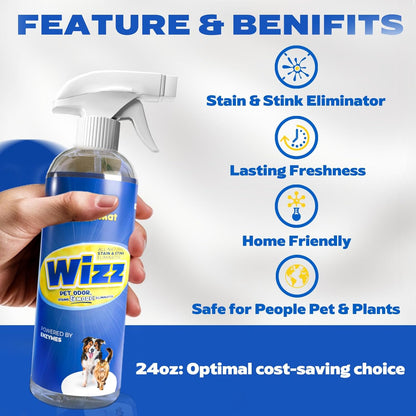 Muddy Mat® Wizz Stain & Odor Remover for strong odor of Cat & Dog Pee Cleaner, Pet urine odor eliminator, Remove strain and Odor from carpets, fabric, clothing, furniture & Pets - 24oz Spray