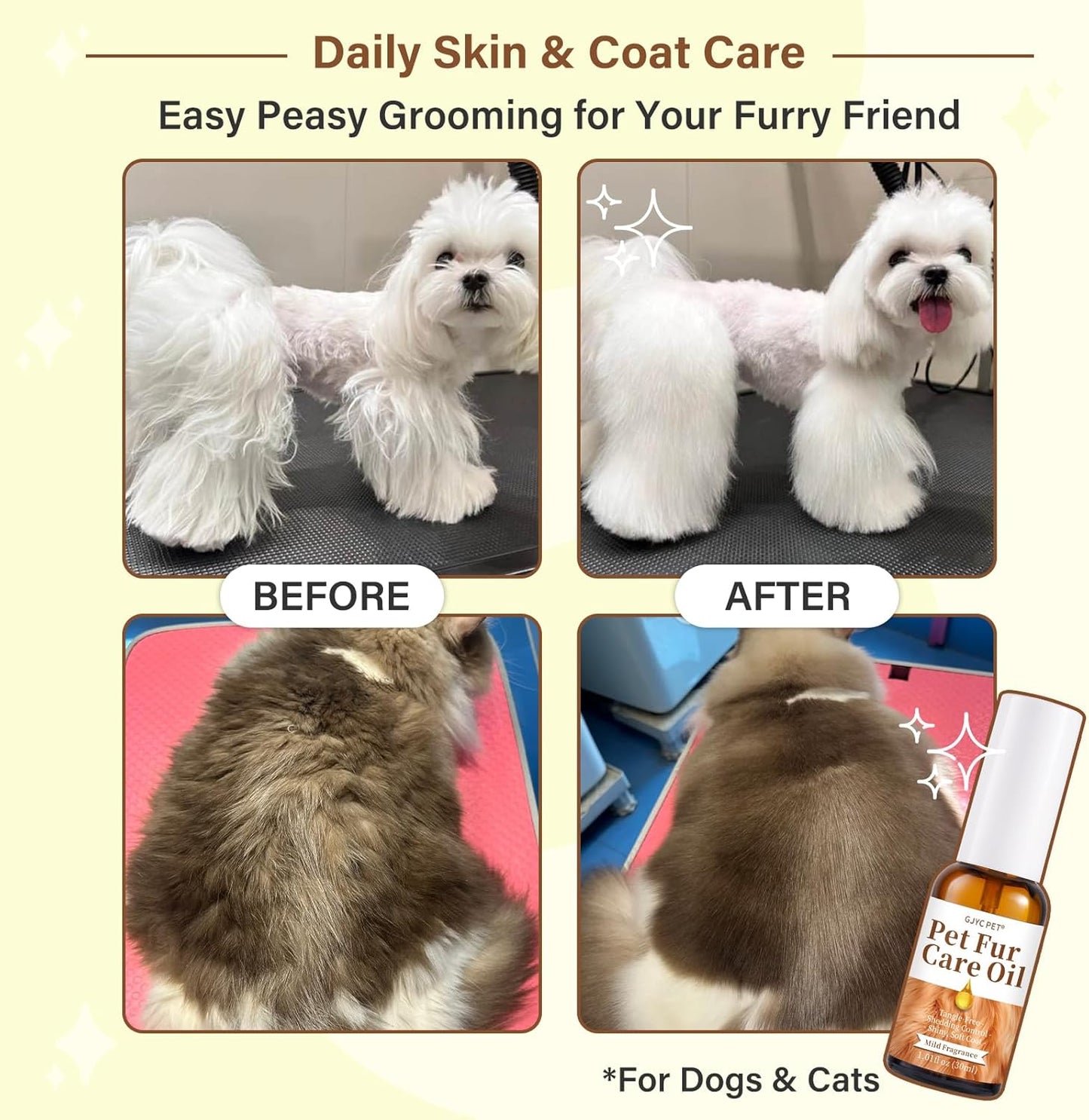 Pet Fur Care Oil - Tangle Remover, Shiny & Silky Coat, Soothing Skin Protection with Collagen and Natural Oils - Leave-in Formula for Dogs and Cats - 1.01 fl. oz
